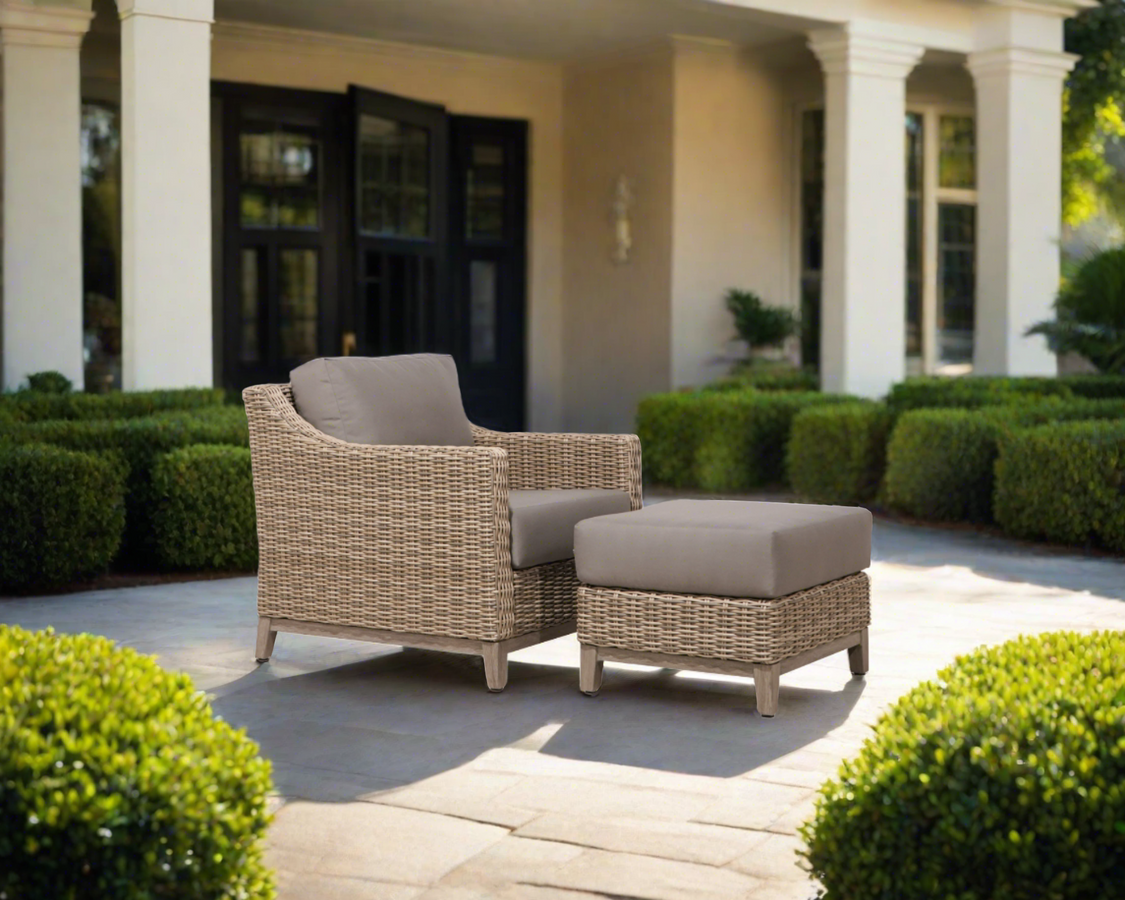 harbour resin wicker lounge coollection. Driftwood brown wicker with warm grey cushion
