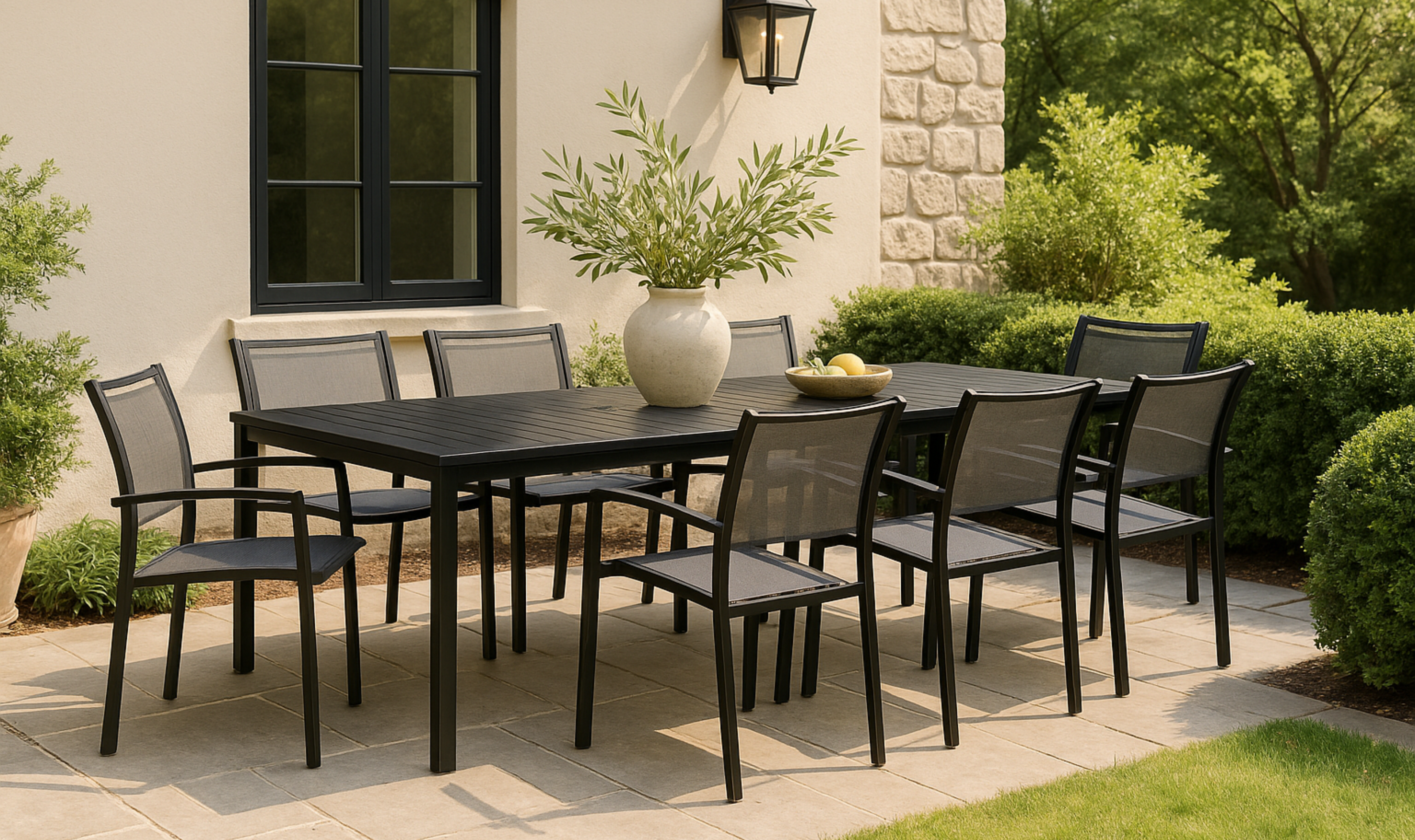 Small modern patio with black frame loveseat and chairs
