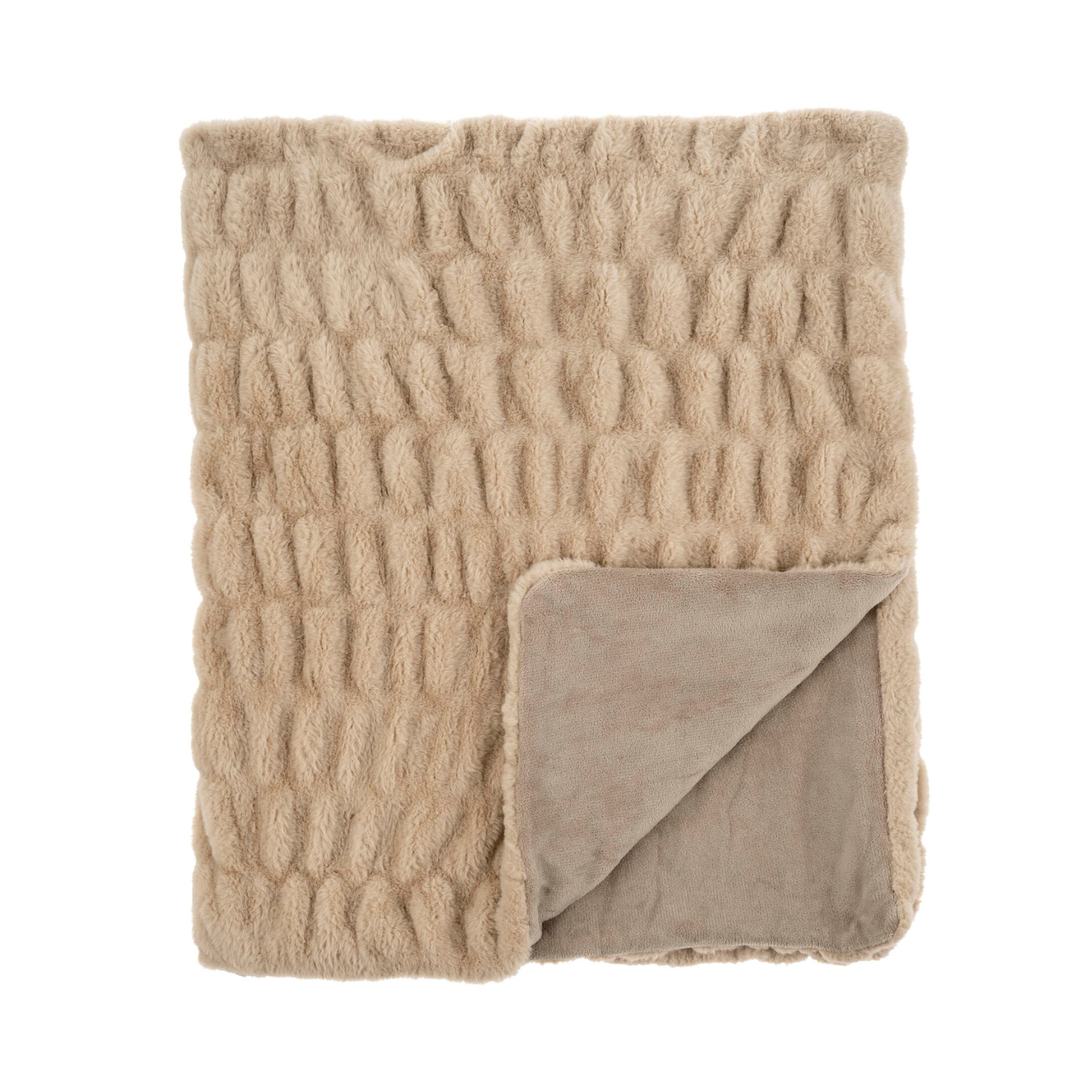 A taupe faux fur throw with a silky lining, displayed unfolded.