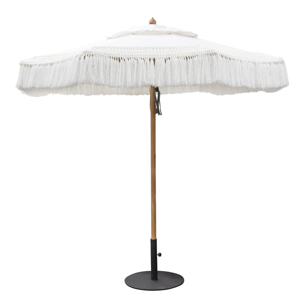 10' Island Fringe Teak Umbrella - White