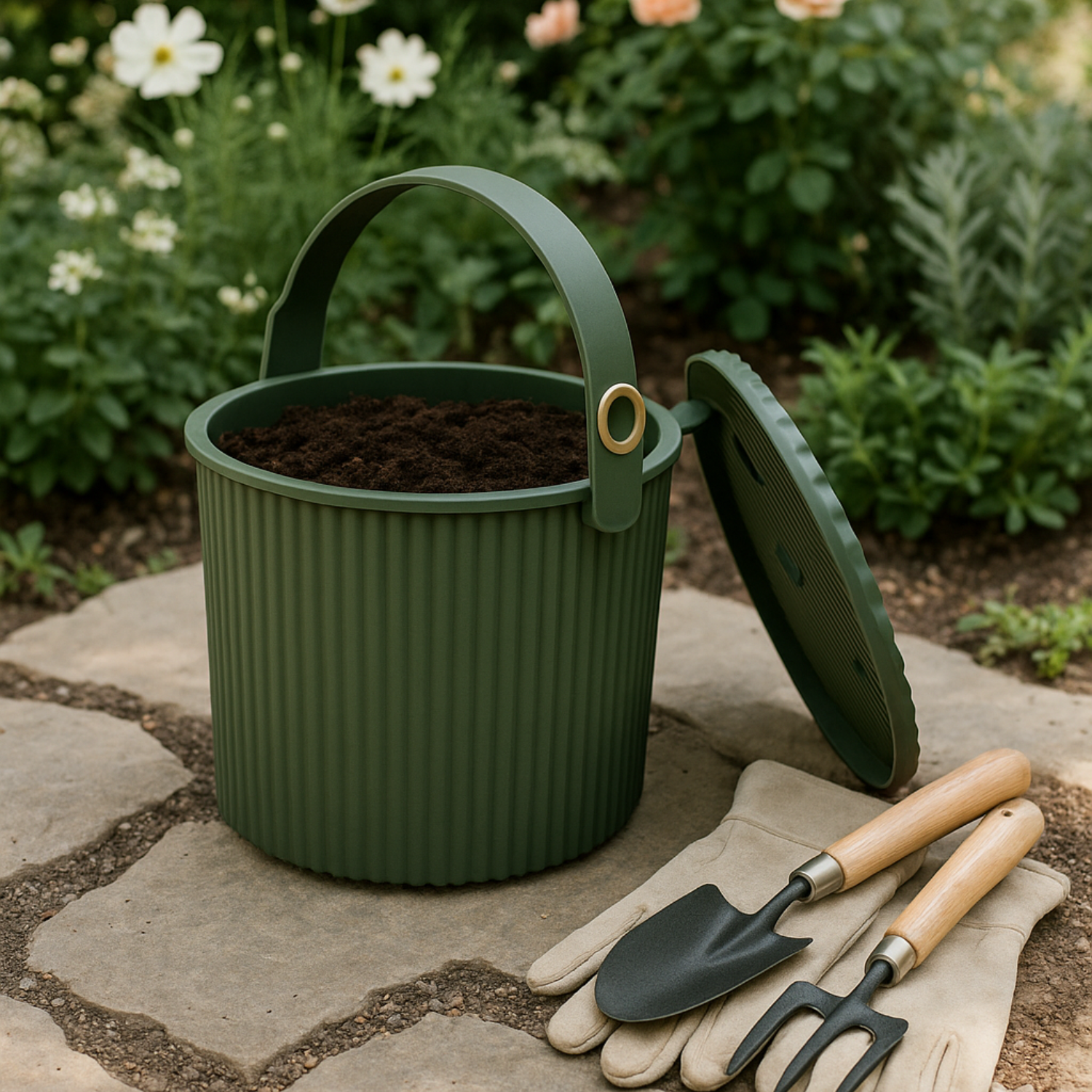 Hachiman Garden Green Storage Bucket w/Lid