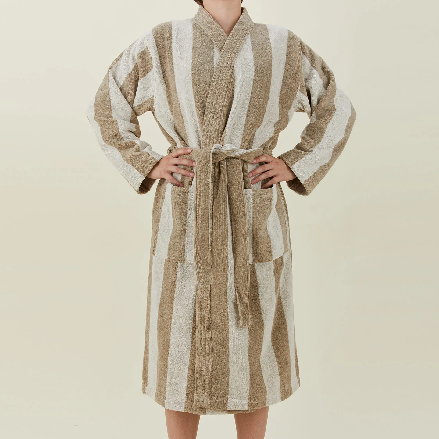 Sorrento Striped Terry Cotton Bath Robe - Ivory/Flax