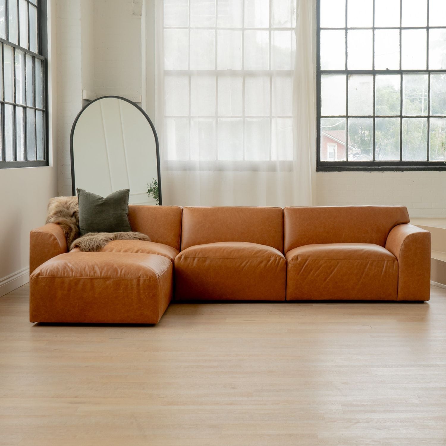 Aspen Distressed Cognac Leather 3 Seater Sofa with Ottoman