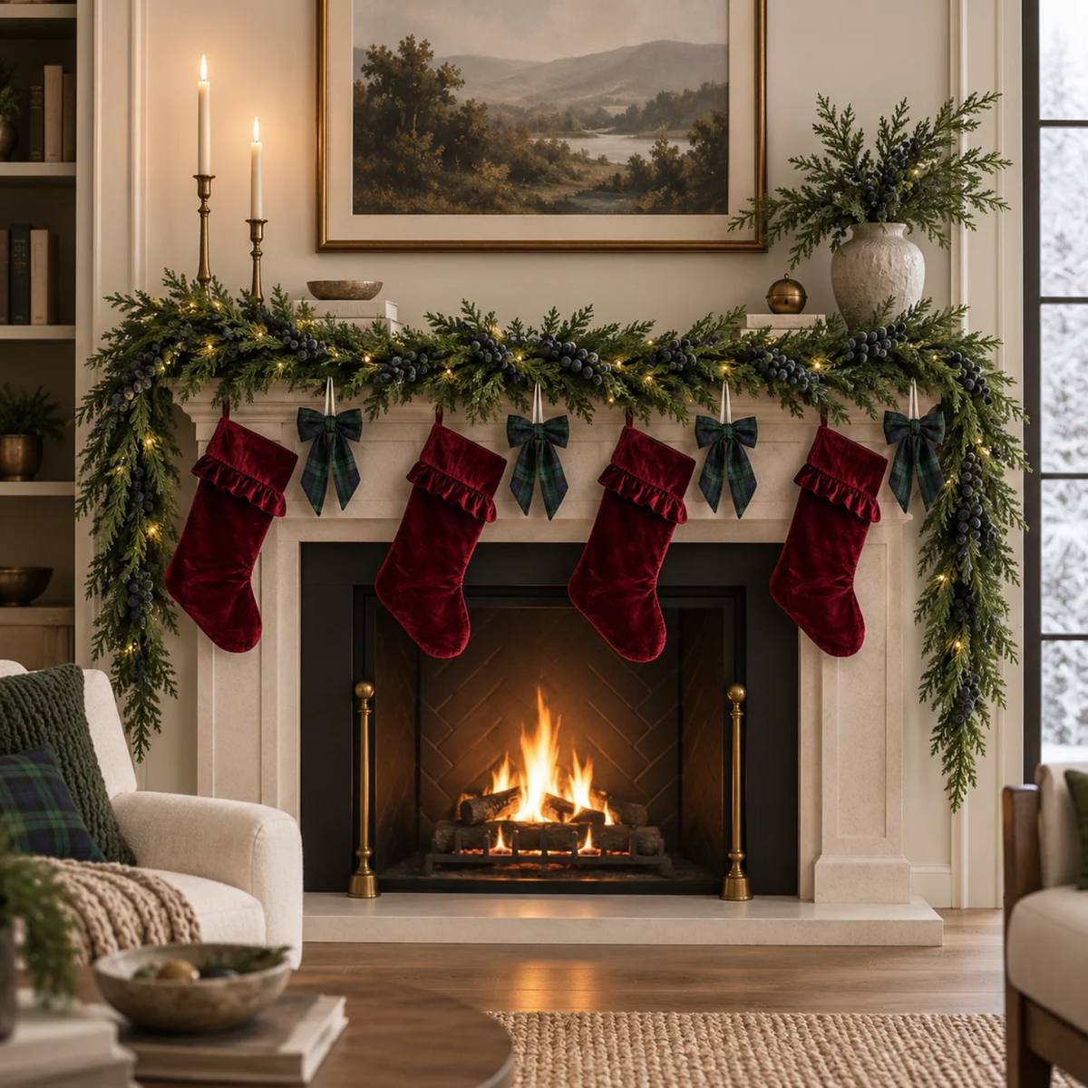 Pre-Lit 15ft Cypress & Frosted Plum Berry Garland, Stocking & Bow Set (9 Pieces)