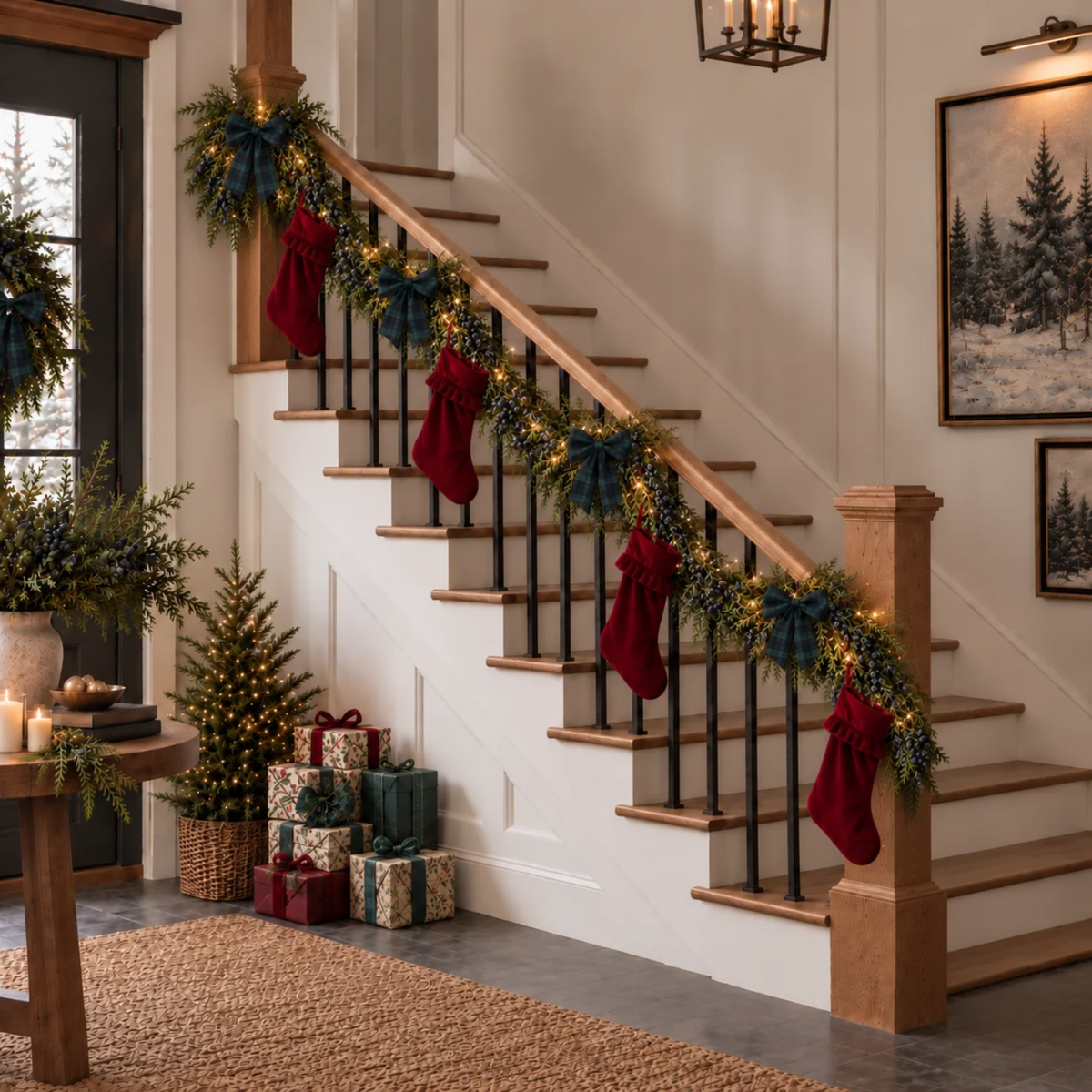 Pre-Lit 15ft Cypress & Frosted Plum Berry Garland, Stocking & Bow Set (9 Pieces)