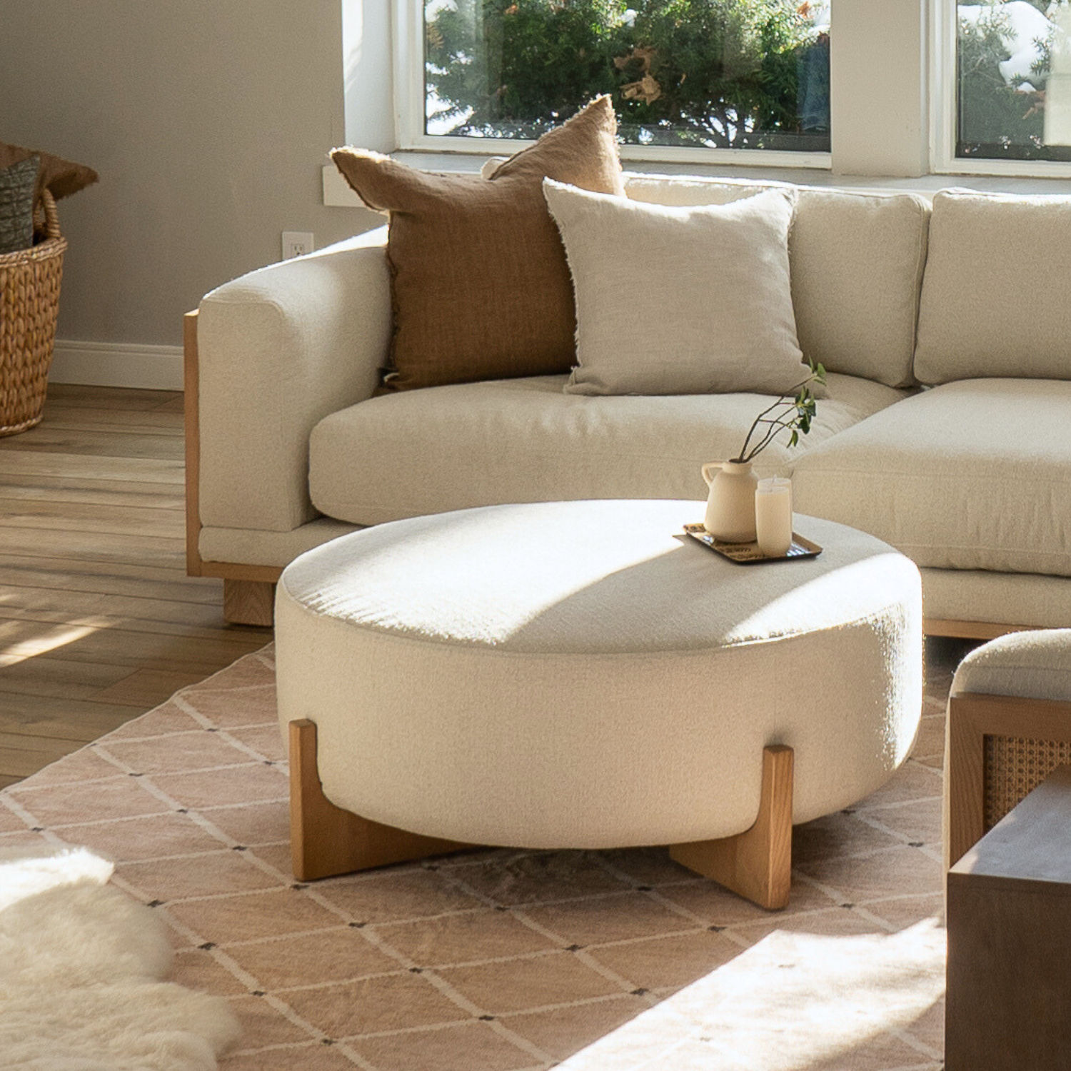 Carmen Ottoman w/ Light Wood Base - Mellow Ivory