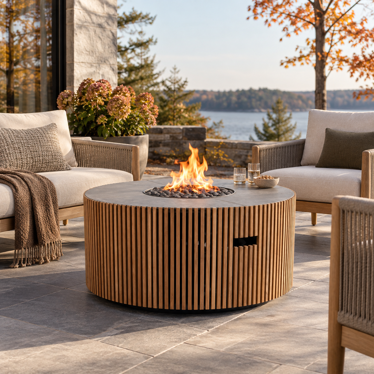 Cubic Teak Round Fire Table & Cover