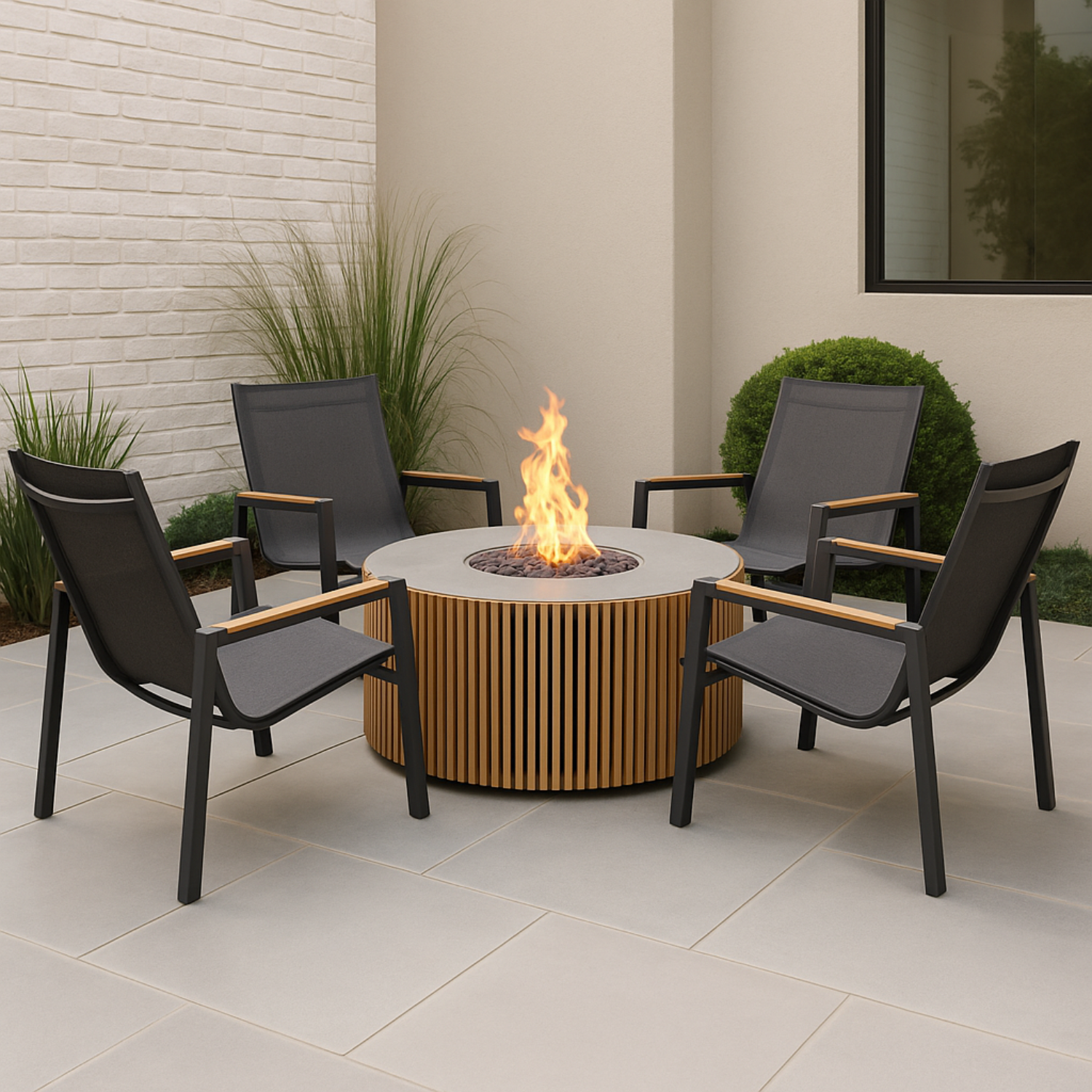 Cubic Teak Round Fire Table