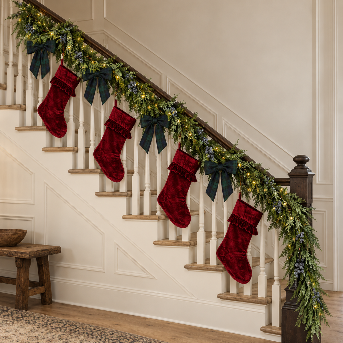 Pre-Lit 15ft Cypress & Frosted Blue Plum Berry Garland, Stocking & Bow Set (9 Pieces)