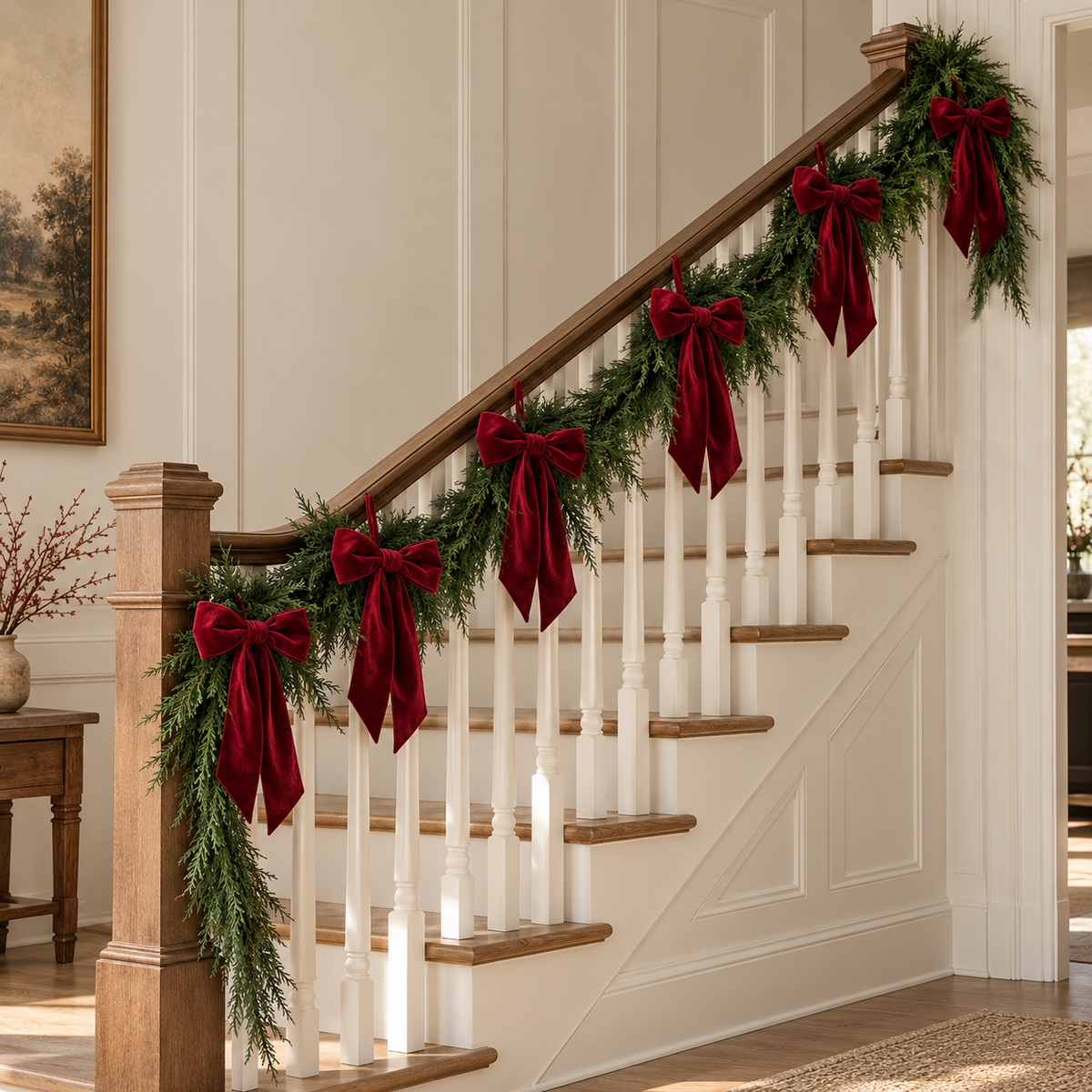 Real Touch 9ft Cypress Garland and Bow Set - Berry Red (7 Pieces)