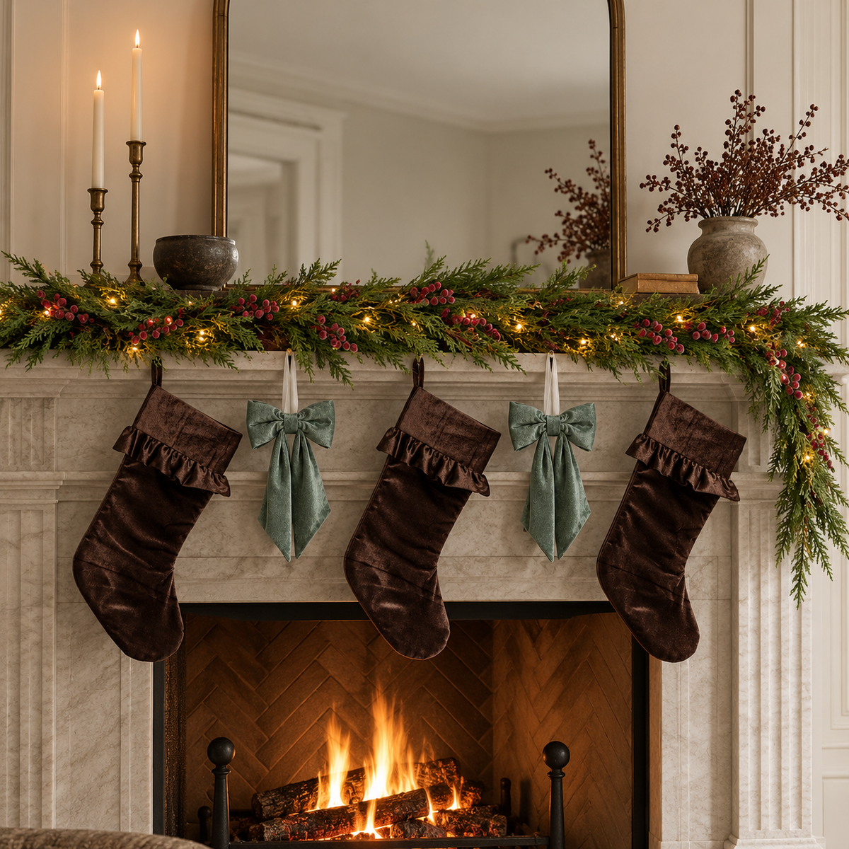Pre-Lit 6ft Norfolk Frosted Plum Berry Garland, Stocking & Bow Set - Brown/Sage (6 Pieces)