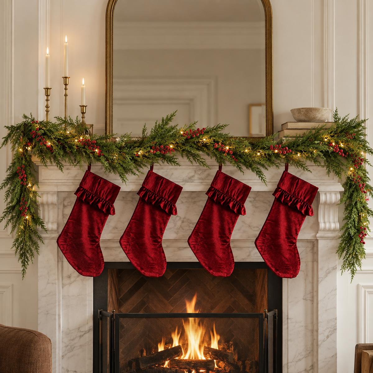 Pre-Lit 6ft Frosted Plum Berry Norfolk Garland & Stocking Set (5 Pieces)