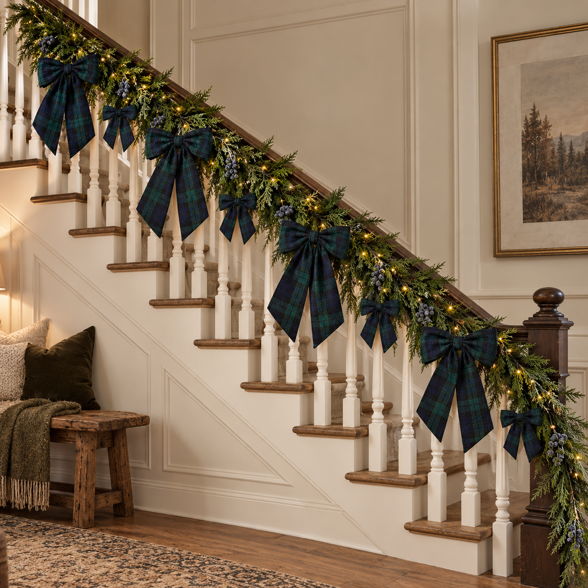 Pre-Lit Norfolk Frosted Blue Plum Berry Garland & Bow Set - Tartan Green (9 Pieces)
