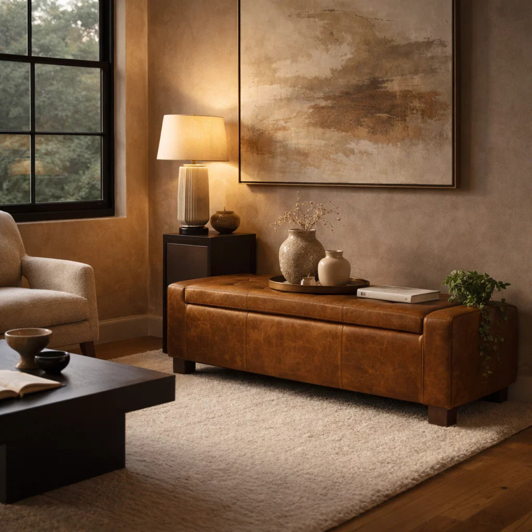 Dawson Tufted Storage Bench - Concord Mink Leather