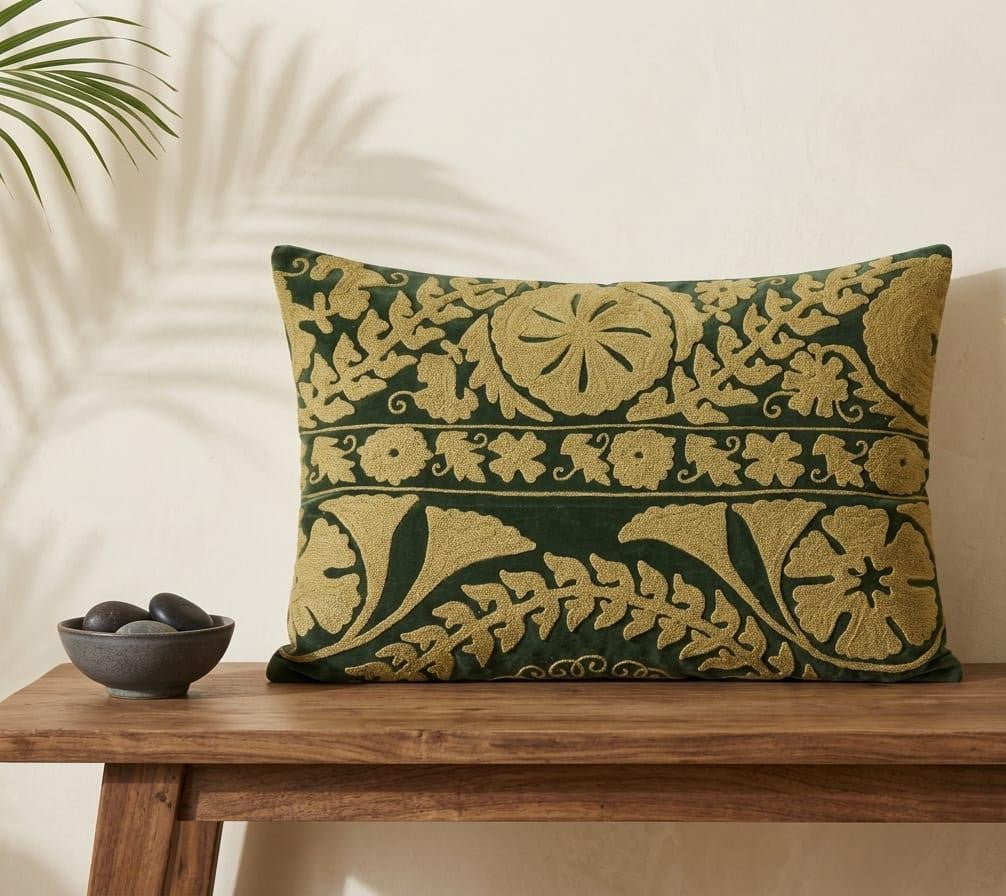 Bovaird Green Embroidered Kidney Toss Pillow