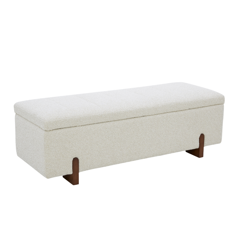 Beige storage bench with wooden legs on a white background