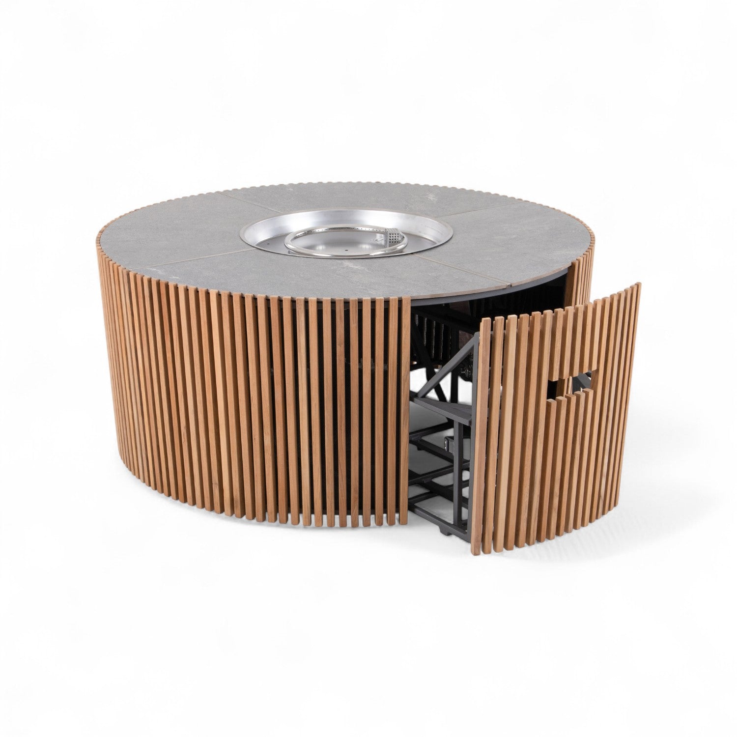 Cubic Teak Round Fire Table