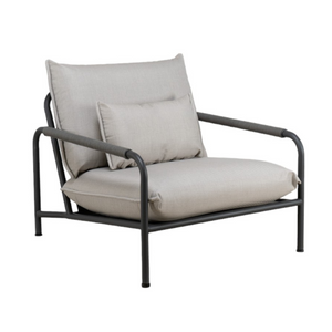 Premium modern upholstered lounge chair, anthracite coloured tubular frame, thick loose upholstered seat and back cushion, lumbar pillow, dark grey rope detailing on arm rests 
