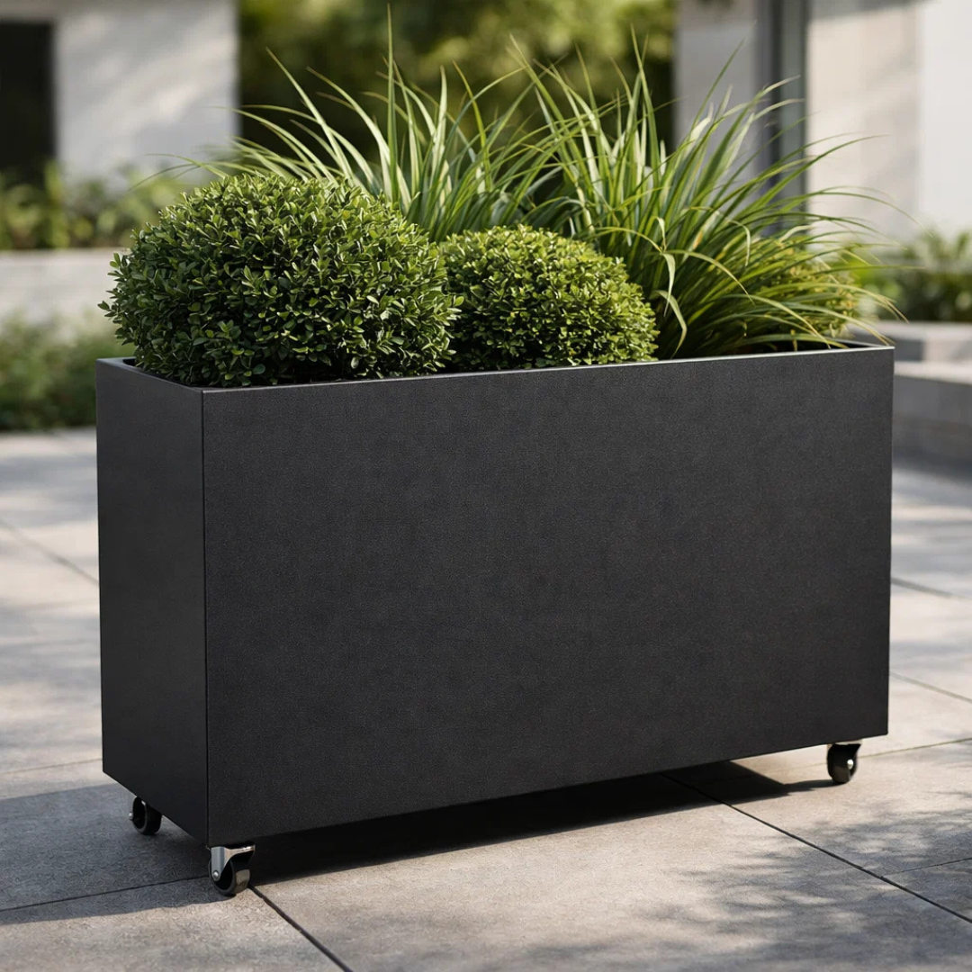 Hudson Metal Rectangle Planter w/ Wheels - Charcoal
