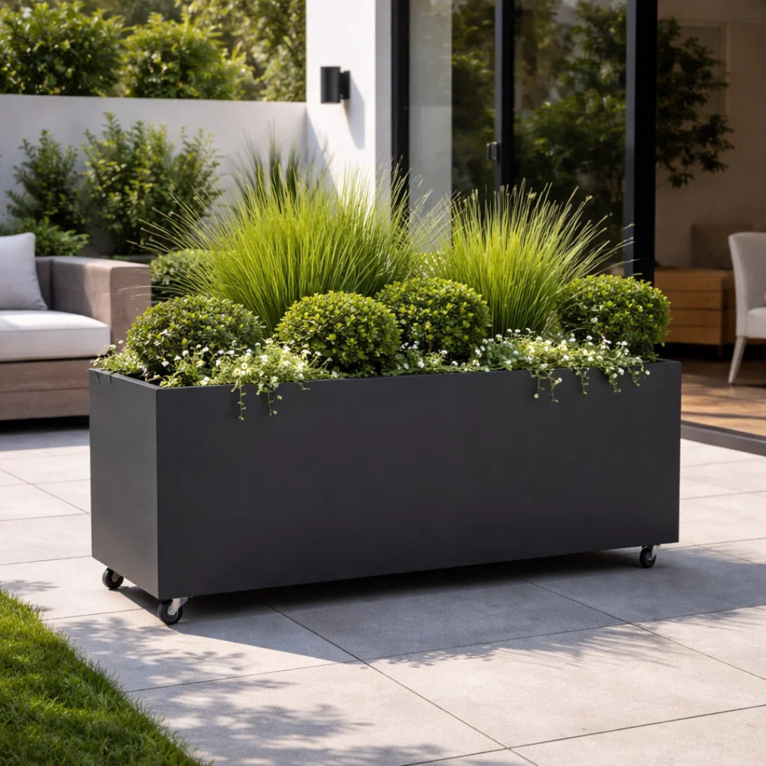 Hudson Metal Rectangle Planter w/ Wheels - Charcoal