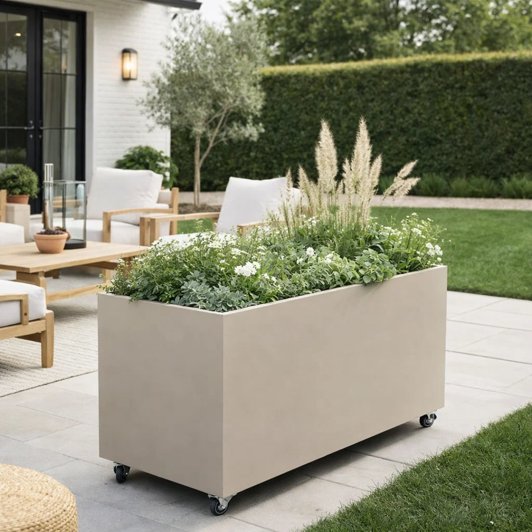 Hudson Metal Rectangle Planter w/ Wheels - Taupe