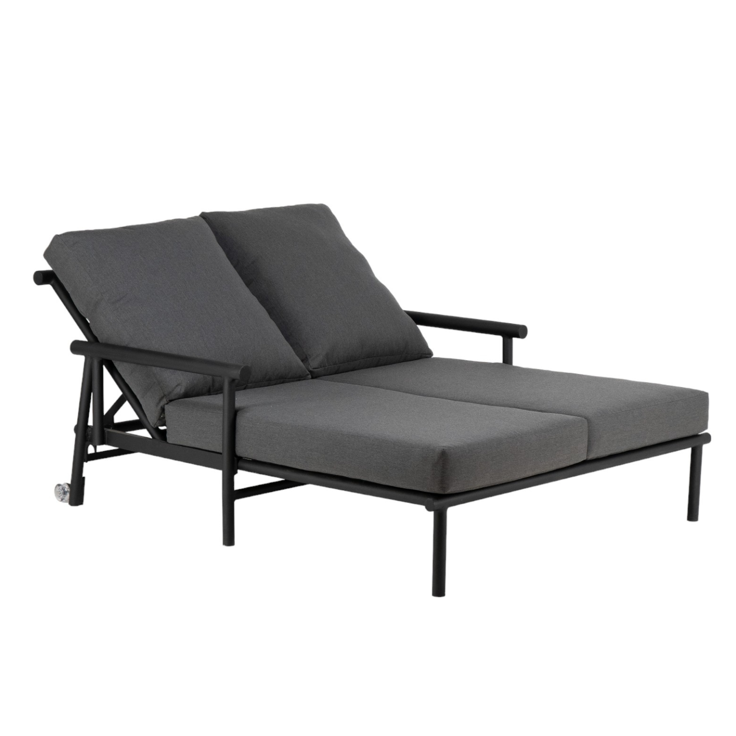 Premium outdoor sofa, mid century modern and Danish inspired design, tubular frame, straight lines, back angled legs, deep seat and back cushions made with Sunbrella fabric, wheels on back for moving, dual chaise fits two people