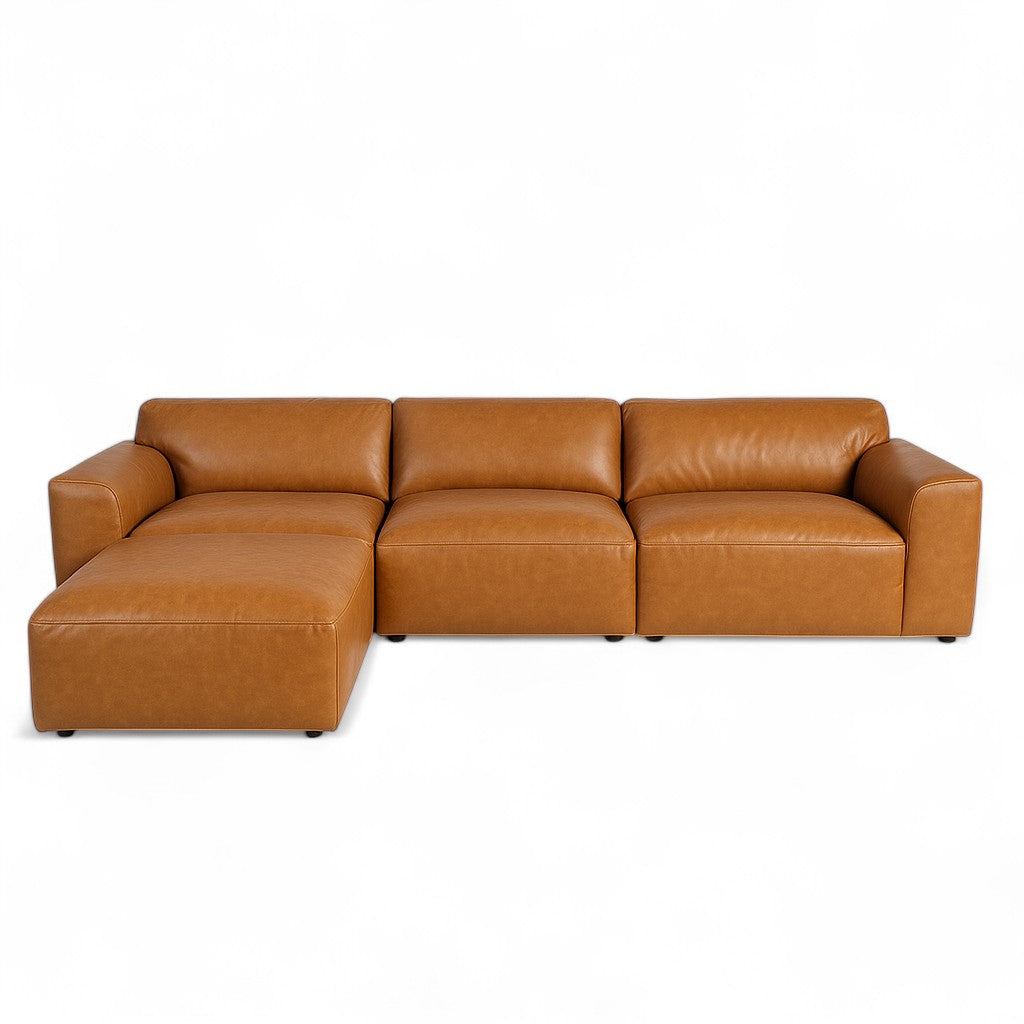 Aspen Distressed Cognac Leather 3 Seater Sofa with Ottoman