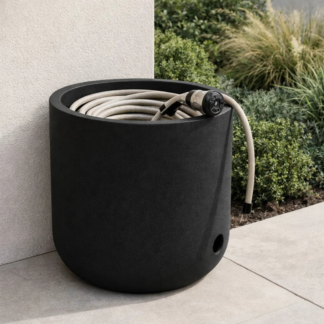 Harvest Garden Hose Storage Pot w/ Tray & Lid - Chalk Black