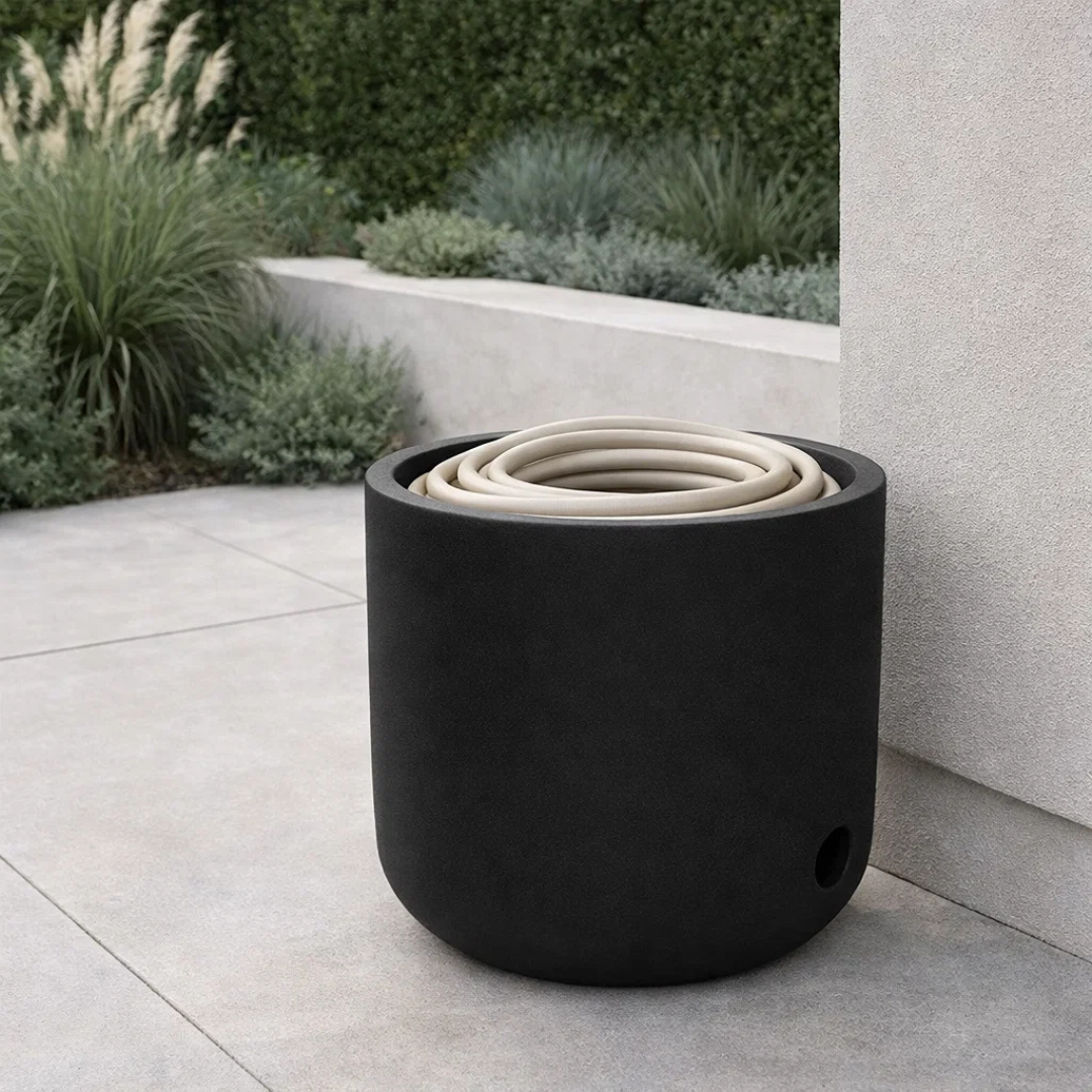 Harvest Garden Hose Storage Pot w/ Tray & Lid - Chalk Black