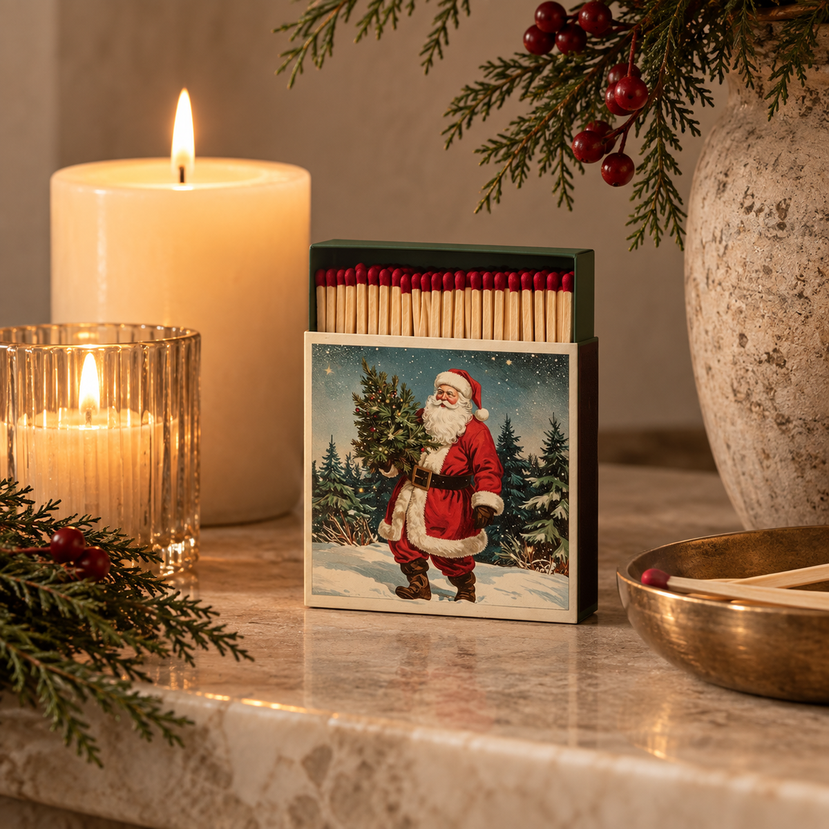 Evergreen Santa Fireplace Matchbox