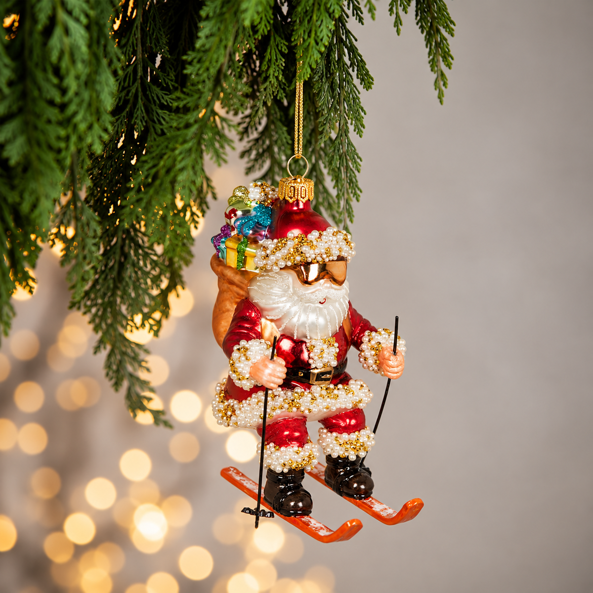 Santa Bling Ski Glass Ornament