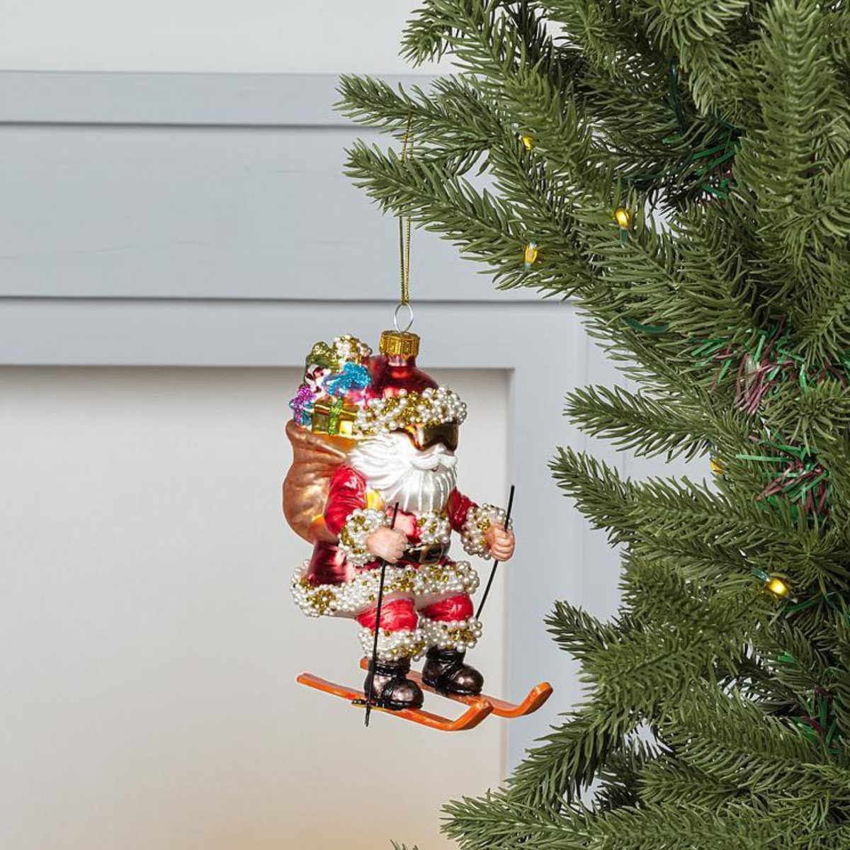 Santa Bling Ski Glass Ornament