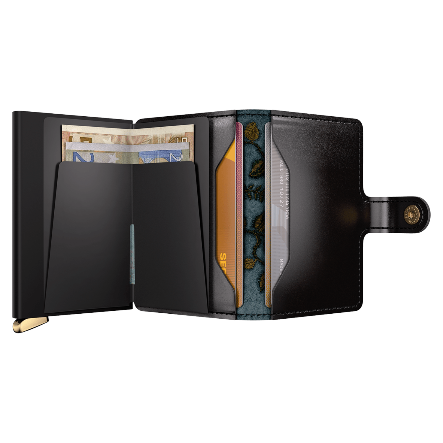 Floral Black Leather Mini Card Wallet