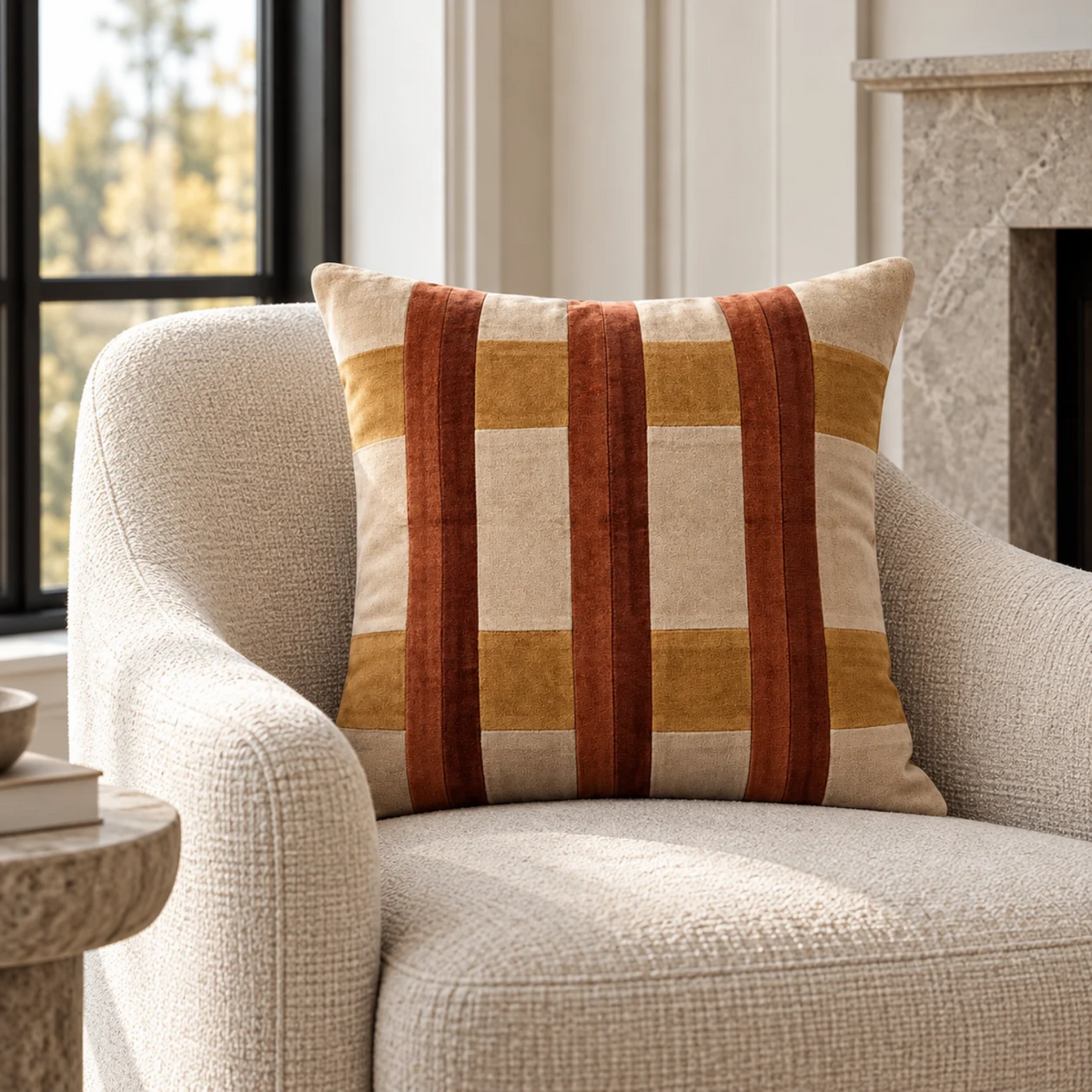 Grid Velvet Cotton Toss Pillow with Feather Insert - Terracotta