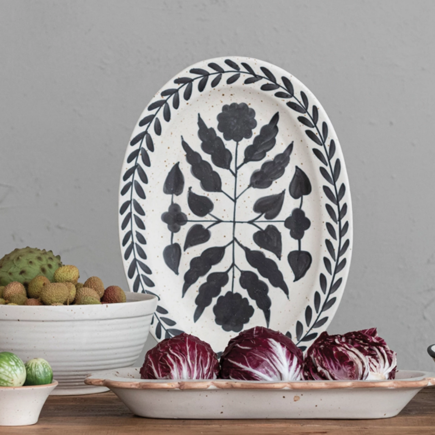 Cottage Floral Trim Stoneware Oval Serving Platter