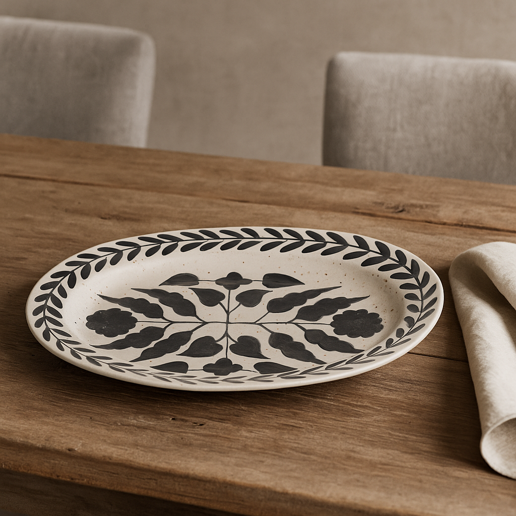 Cottage Floral Trim Stoneware Oval Serving Platter