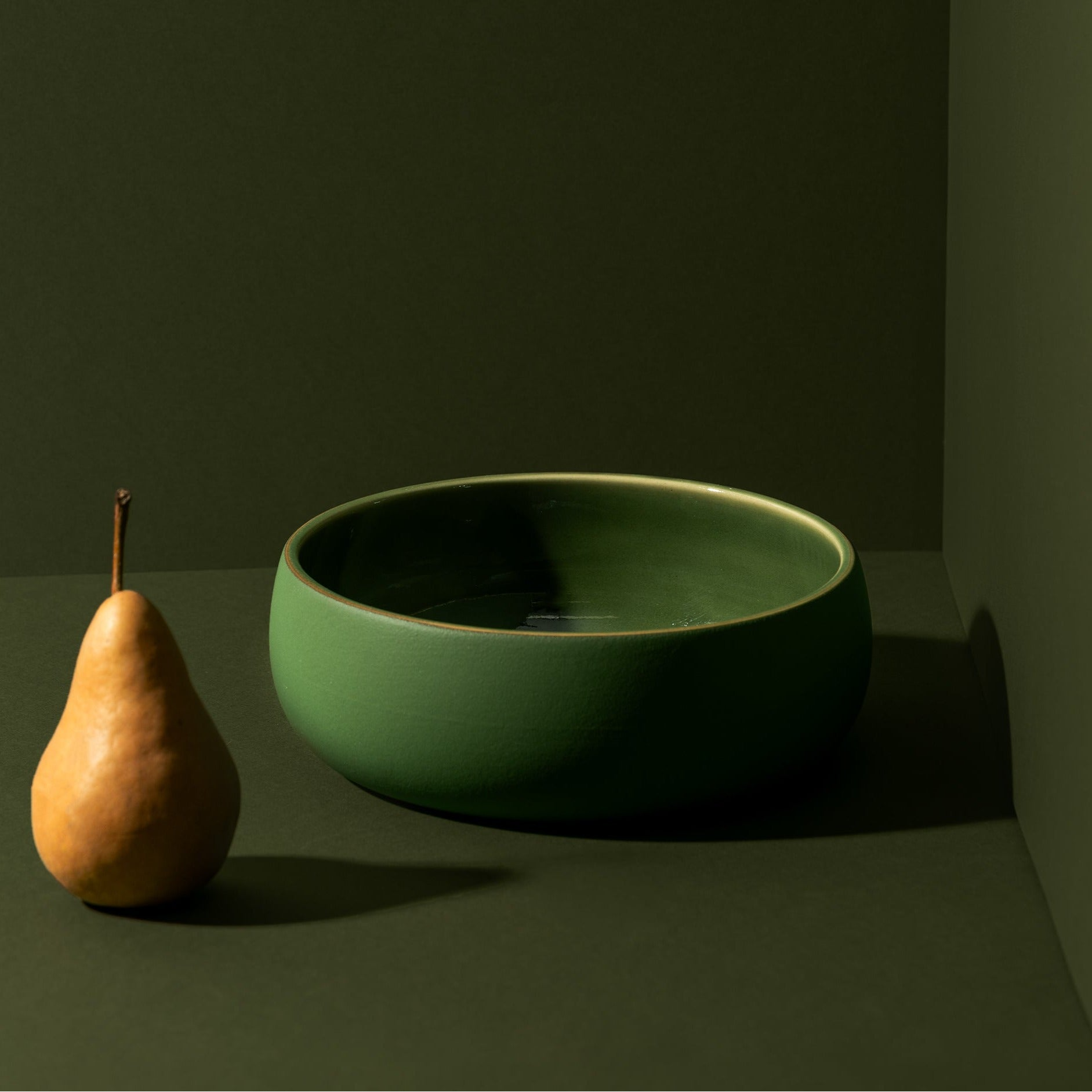 Green Stoneware Low Serving Bowl