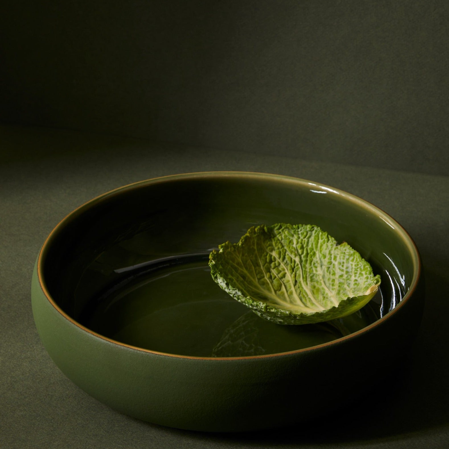 Stoneware 60oz Shallow Serving Bowl- Matte/Shiny Green