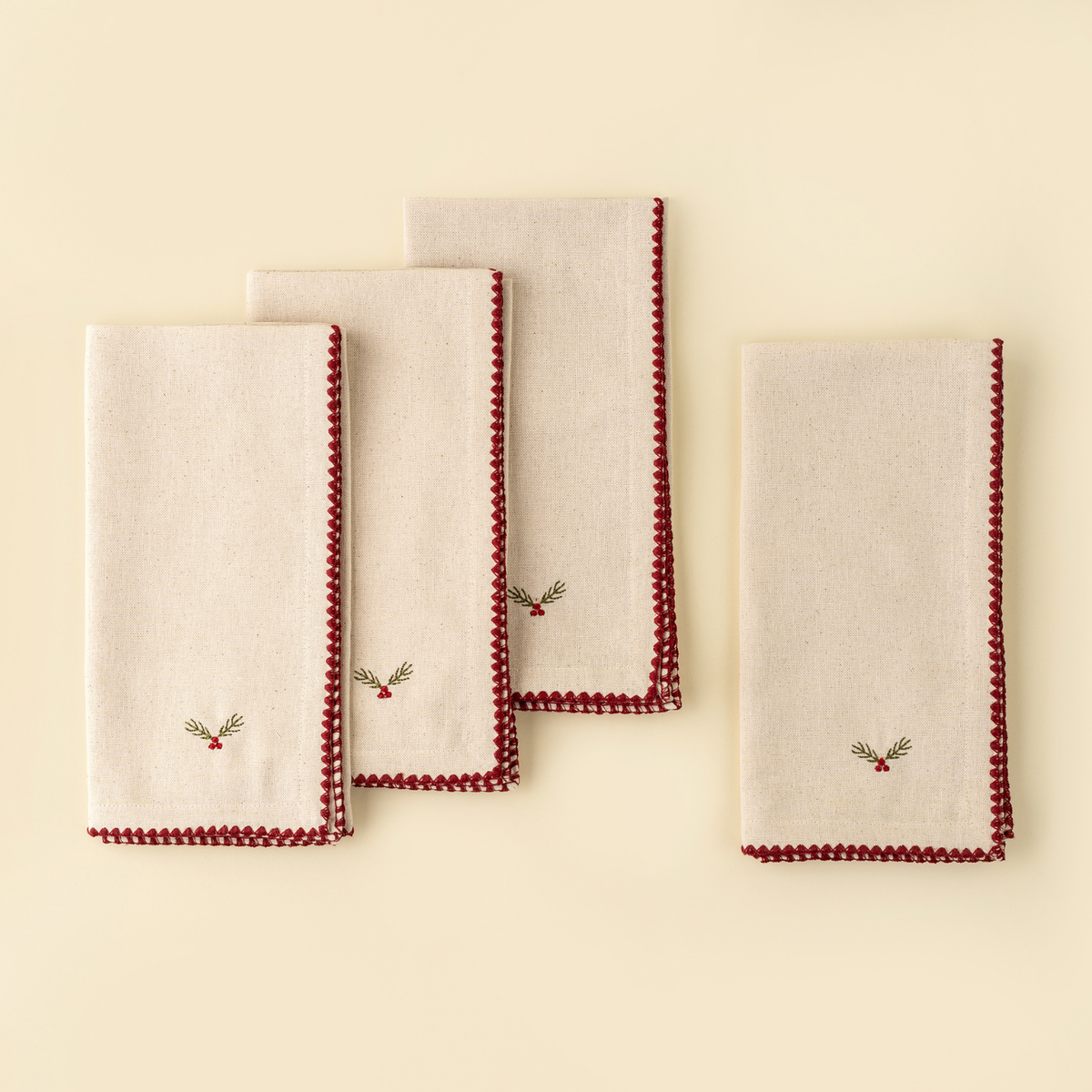 Embroidered Holly Berry Napkins (Set of 4)