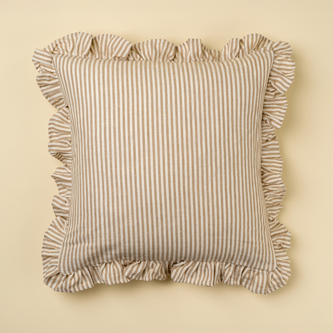 Ruffles Pinstripe Toss Pillow - Beige