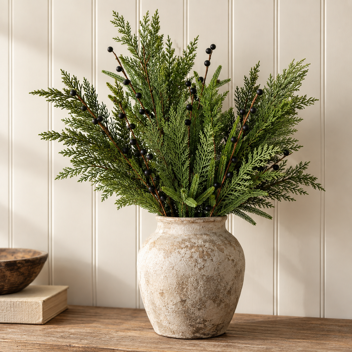 Artificial 31" Real Touch Norfolk Cypress & Frosted Blue Plum Berry Stem