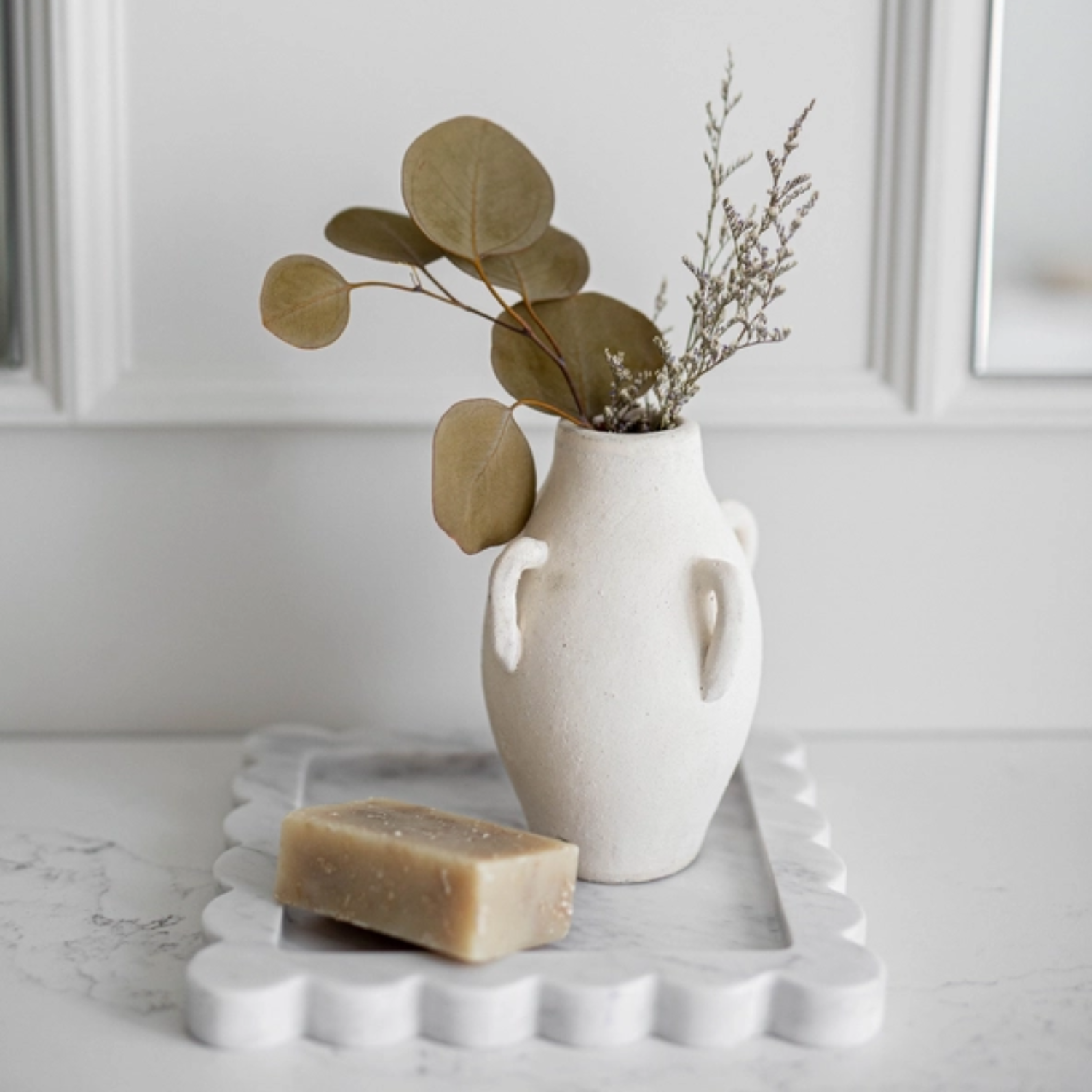 Scalloped White Marble Square Tray