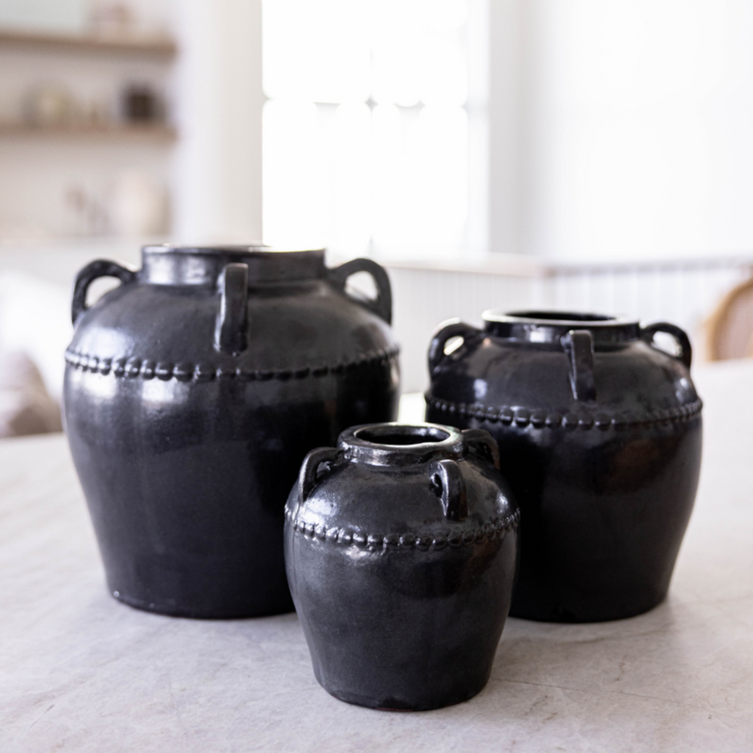 Gaspe Glazed Vase W/Handles- Charcoal