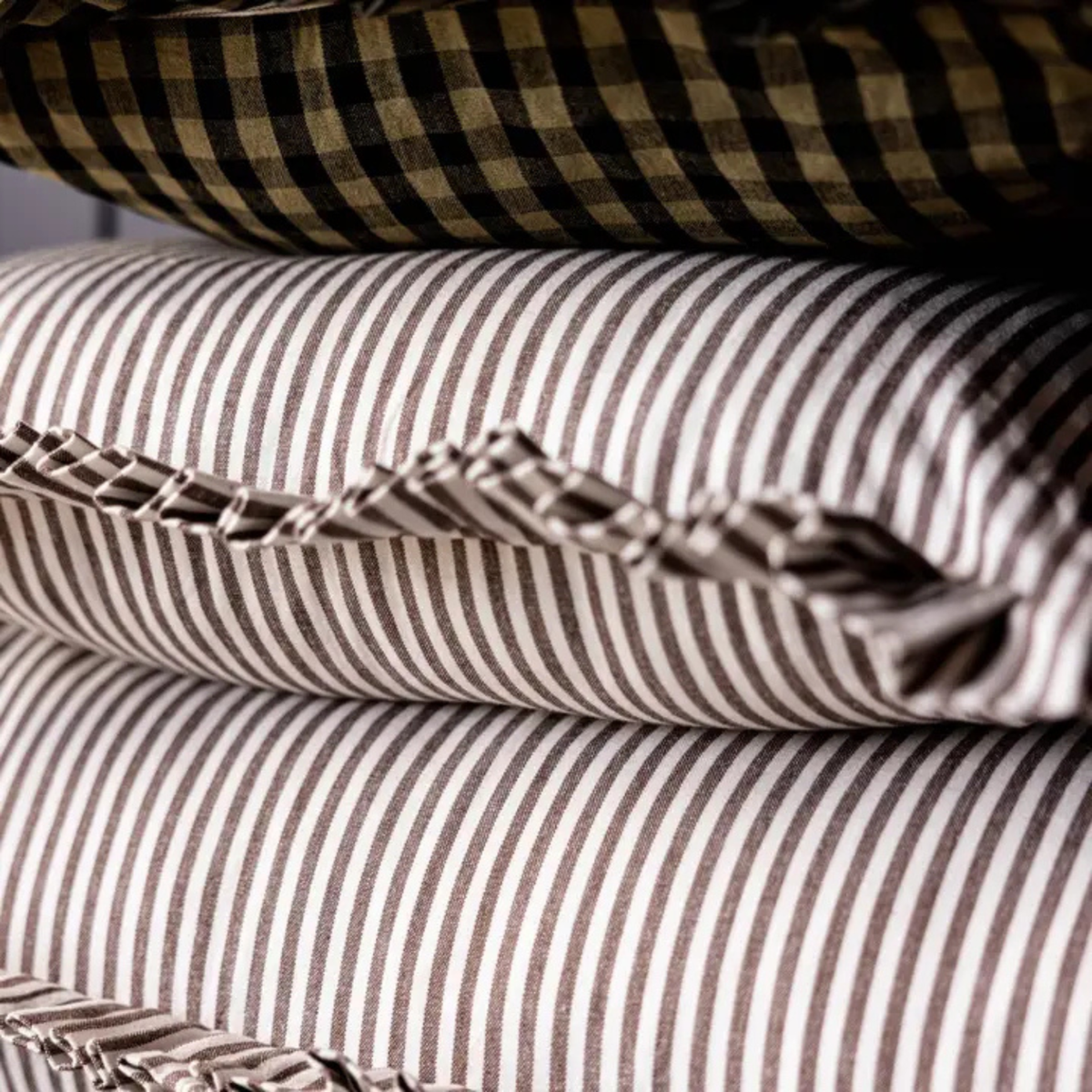Ruffles Cotton Kidney Toss Pillow - Brown Stripes