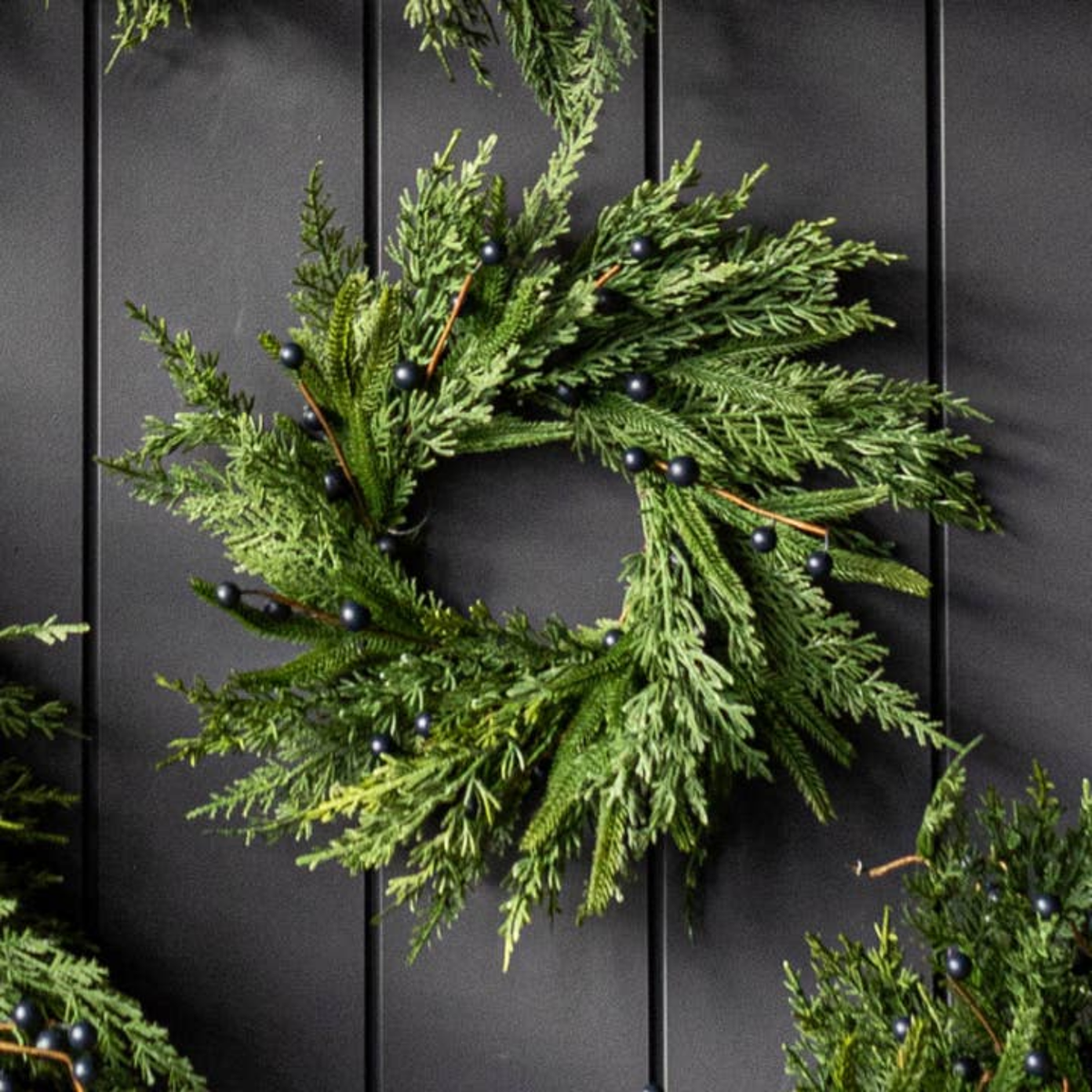 Artificial 14" Real Touch Norfolk Cypress & Blue Plum Berry Wreath