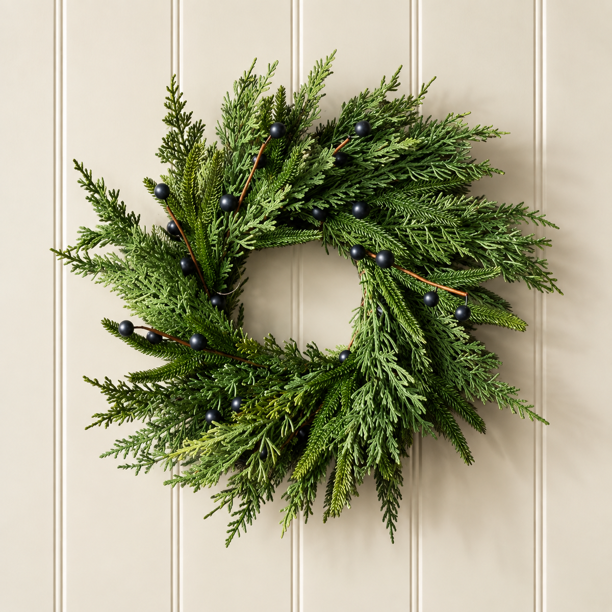 Artificial 14" Real Touch Norfolk Cypress & Blue Plum Berry Wreath