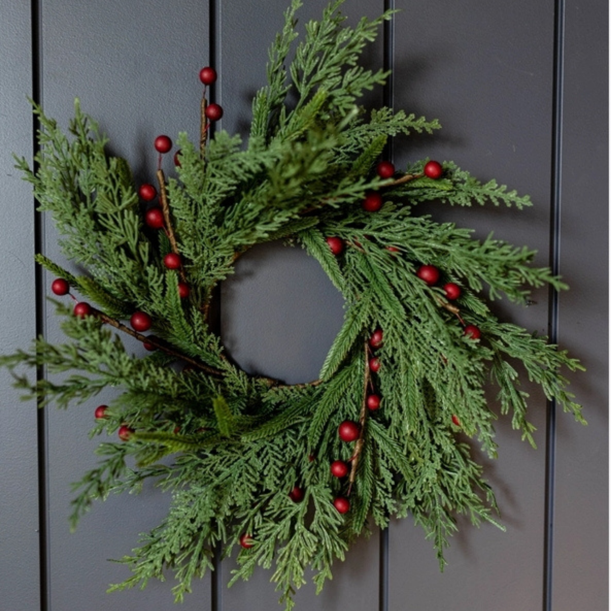 Artificial 14" Real Touch Norfolk Cypress & Red Plum Berry Wreath
