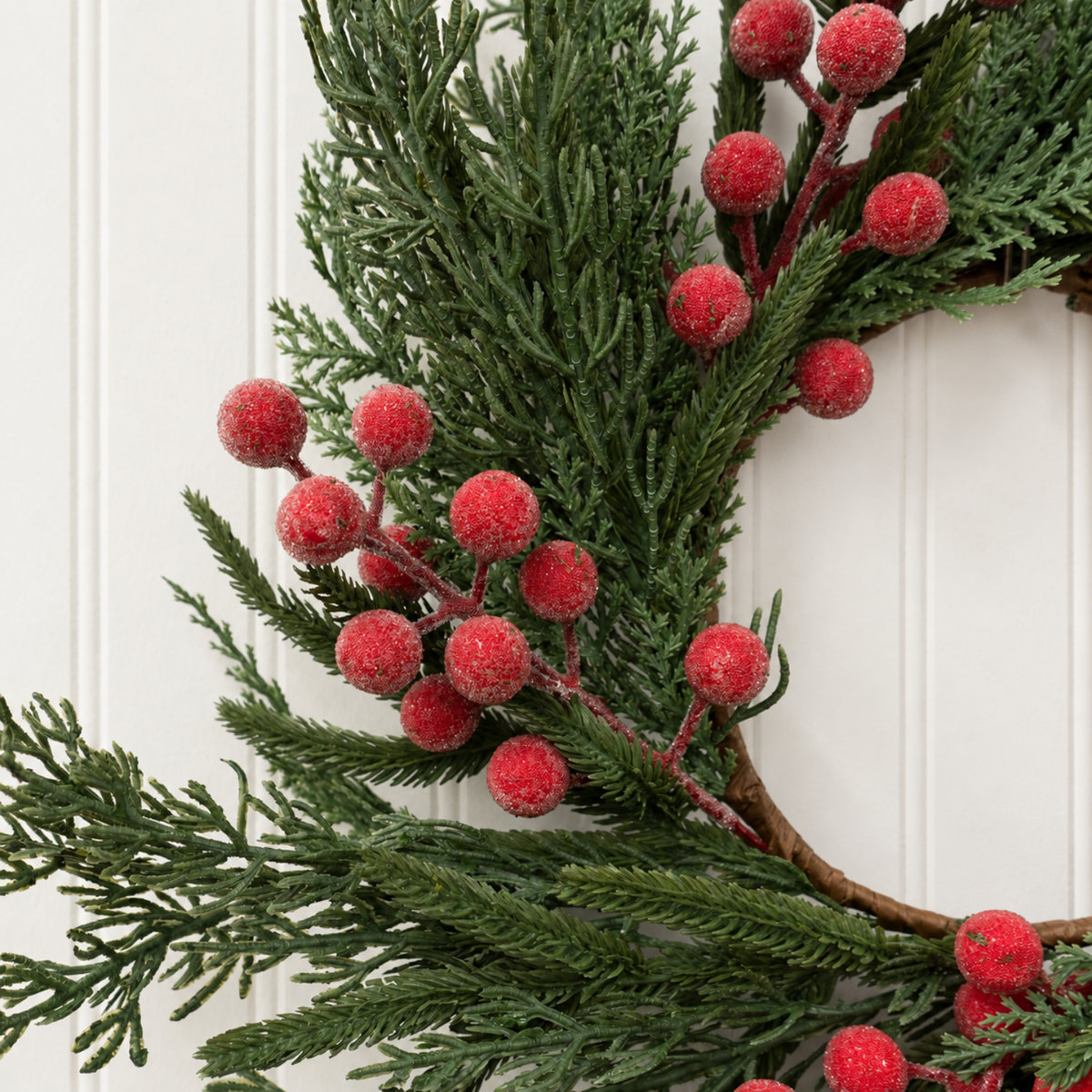 Artificial 14" Real Touch Norfolk Cypress & Frosted Red Plum Berry Wreath