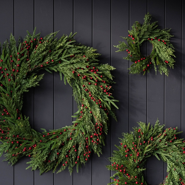 Artificial 14" Real Touch Norfolk Cypress & Red Plum Berry Wreath