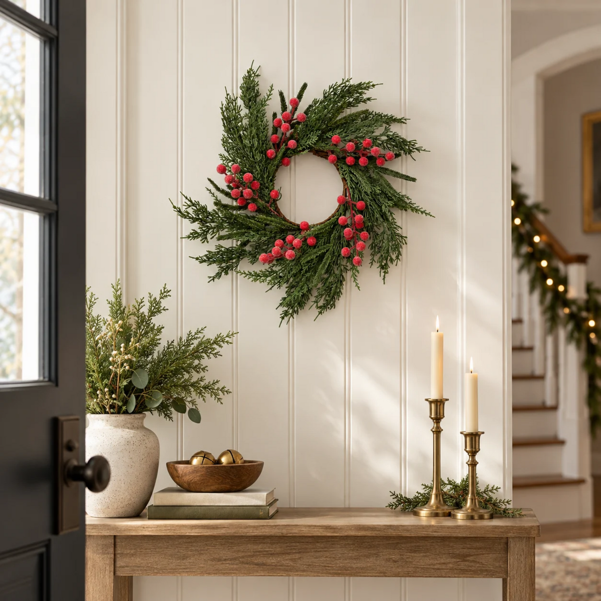 Artificial 14" Real Touch Norfolk Cypress & Frosted Red Plum Berry Wreath